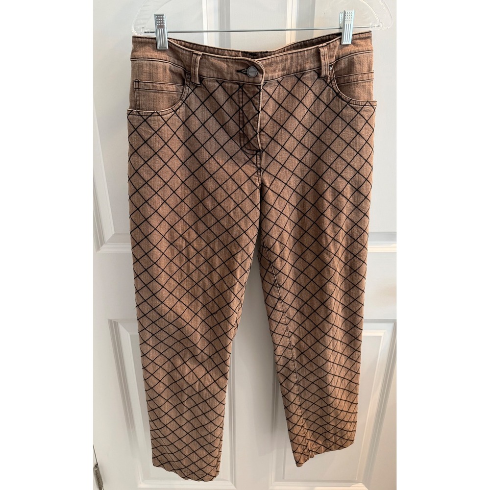 Per Se Brown Diamond Grid Print Straight Leg Denim Pants Womens Size 6